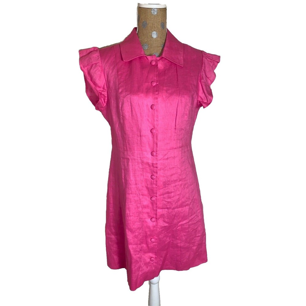 Dolce Cabo Dress Women's M 100 % Linen Pink  Ruffle Short Sleeve Summer Runs Sma